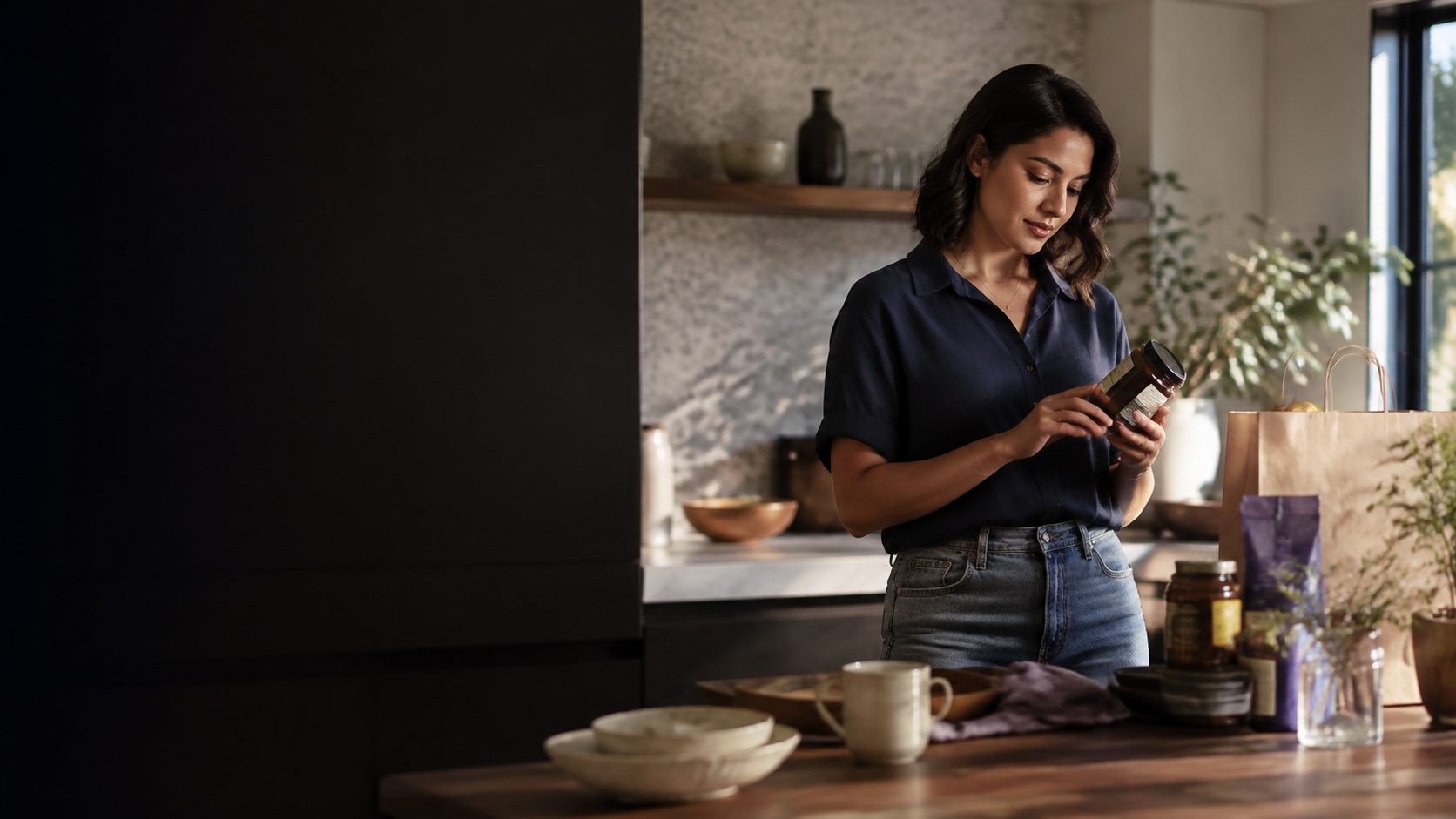 A consumer considering a packaged product during an everyday household routine