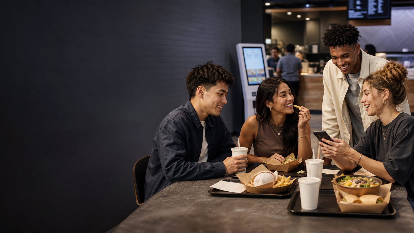 Friends sharing a relaxed meal in a contemporary restaurant